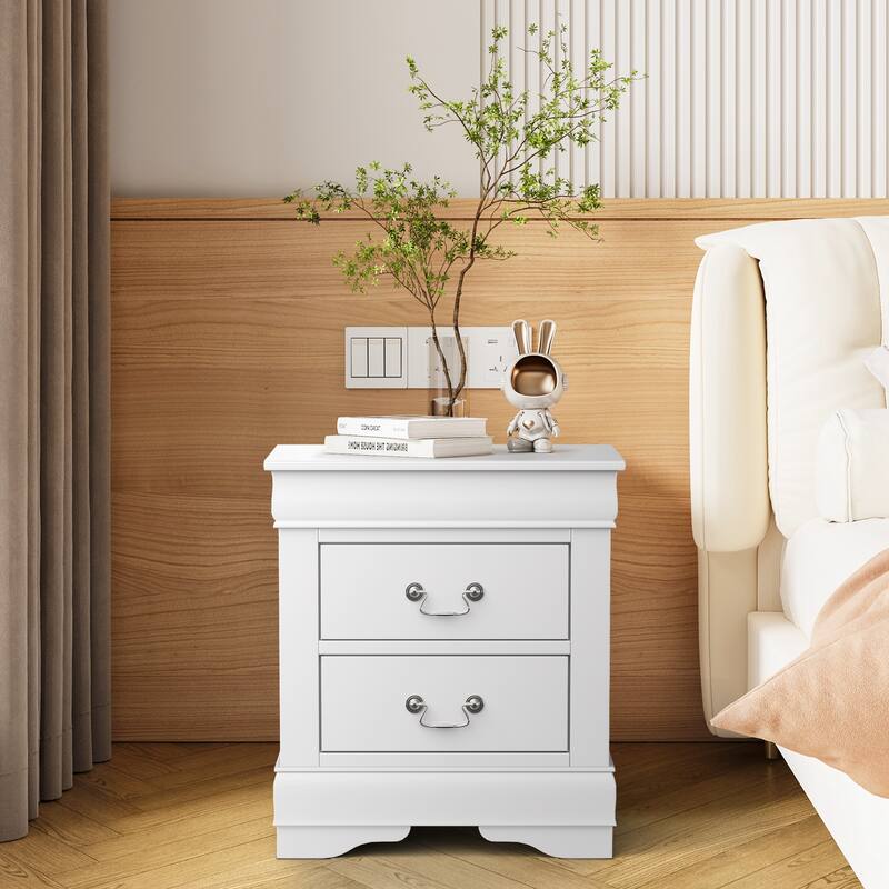 Modern White Solid Wood 2-Drawer Nightstand Bedside Table