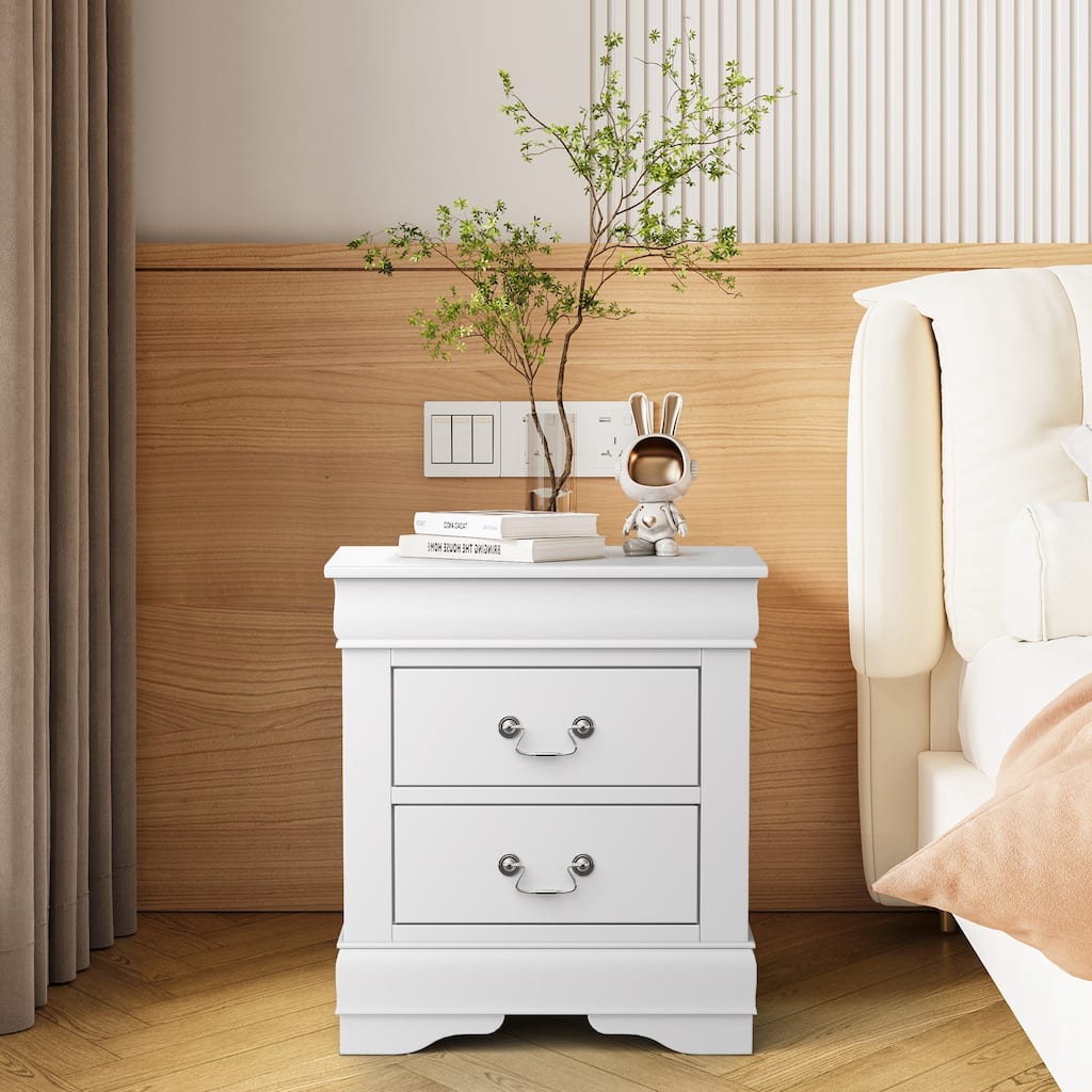 Modern White Solid Wood 2-Drawer Nightstand Bedside Table