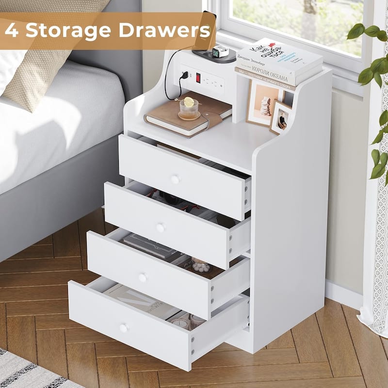 Nightstand with Drawers Charging Station End Side Table with Hutch