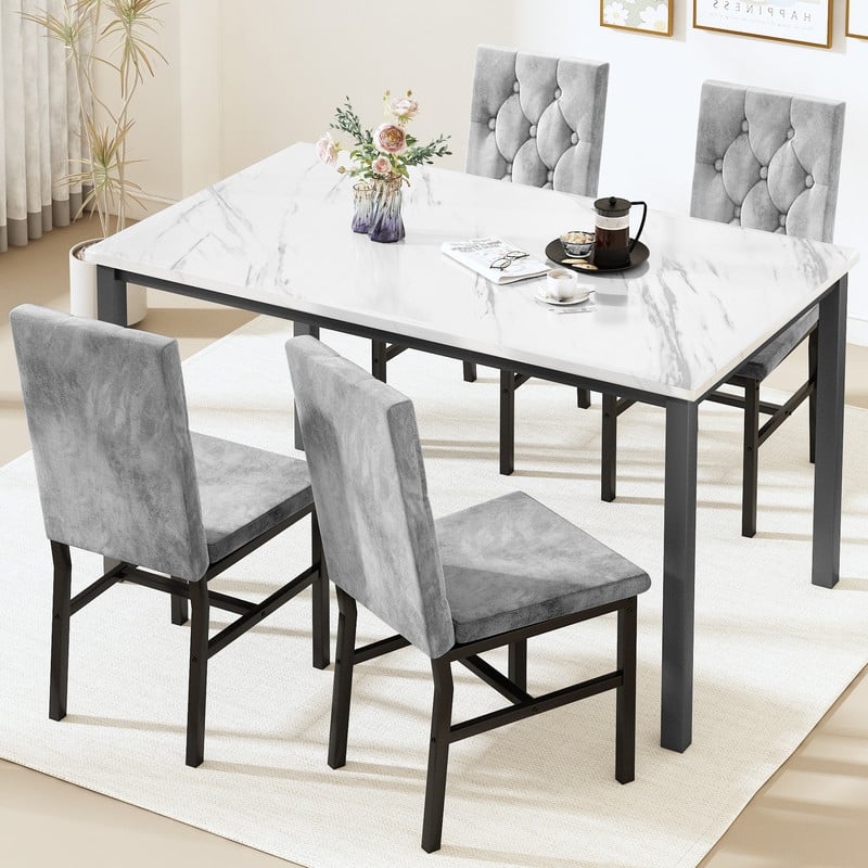 Grondin 5-Piece Dininng Room Table Set with 4 Upholstered Dining Chairs, Faux Marble Top And Metal Frame Dining Table Set Of 5
