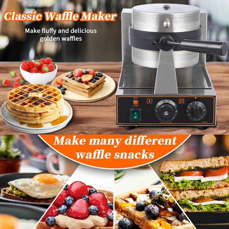 1200W Rotatable Commercial Round Waffle Maker with Temp and Time Control