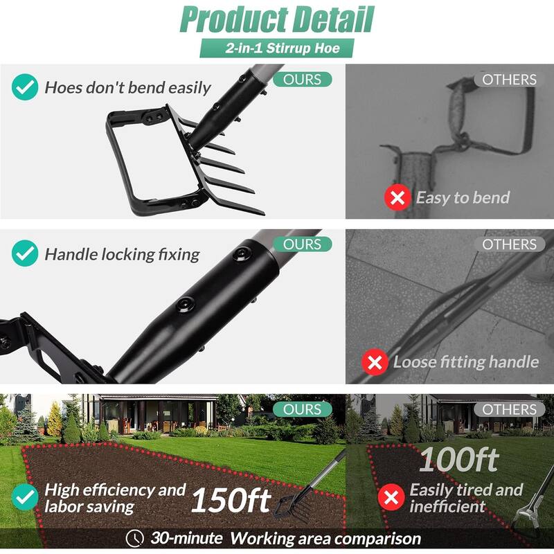 Suchtale 2-in-1 Stirrup 82" Hoe and Rake, Adjustable Handle, Weeding, Soil Loosening, Planting in Gardens