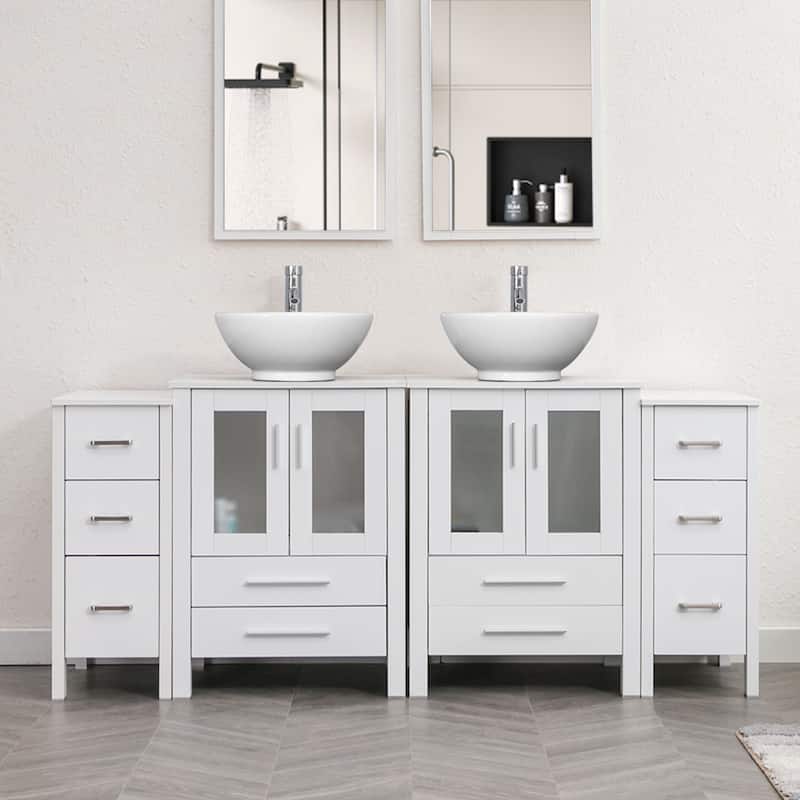 72" Bathroom Vanity Set Glass Ceramic Vessel Sink Side Cabinet Combo - white ceramic round sink - White