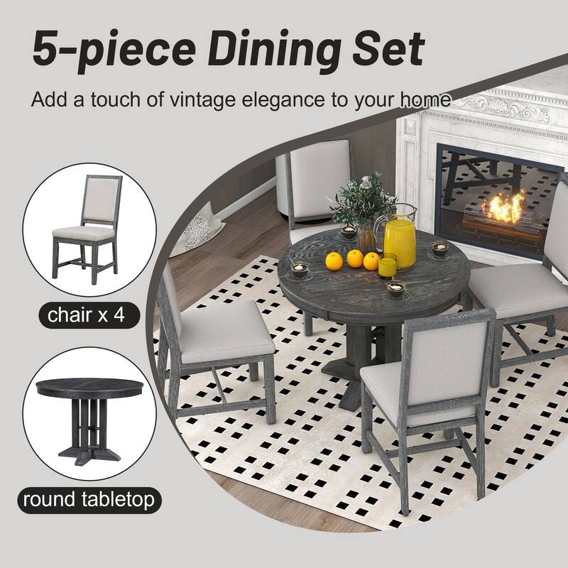 5-Piece Farmhouse Wooden Dining Set with Extendable Round Table and 4 Upholstered Chairs for Kitchen
