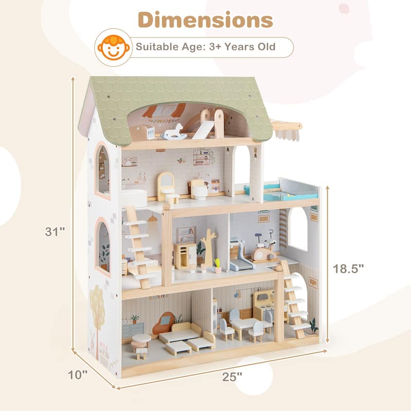 33 Pieces Kids Wooden Dollhouse with Furniture Multi-Room Design and Safe Pinewood Frame - 25" x 10" x 31"