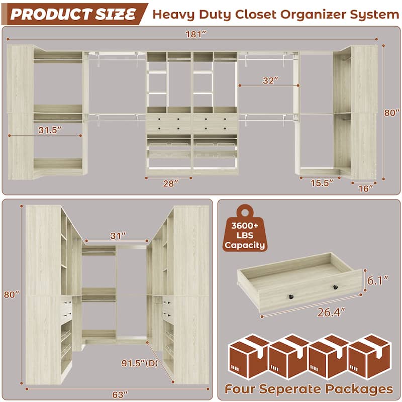 Set of 4 U-Shaped Closet Organizer System with Wood Drawers, Amoire Wardrobe with Shoe Racks