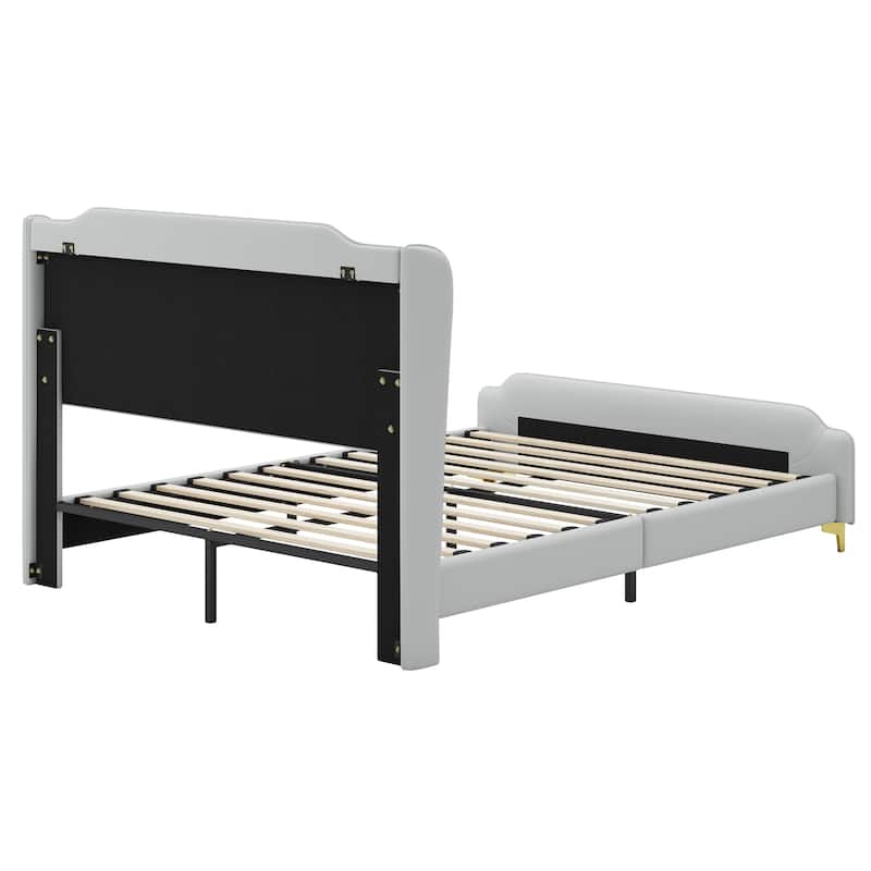 Queen Size PU Leather Platform Bed with Wingback Headboard, Footboard, and Solid Wood Slats