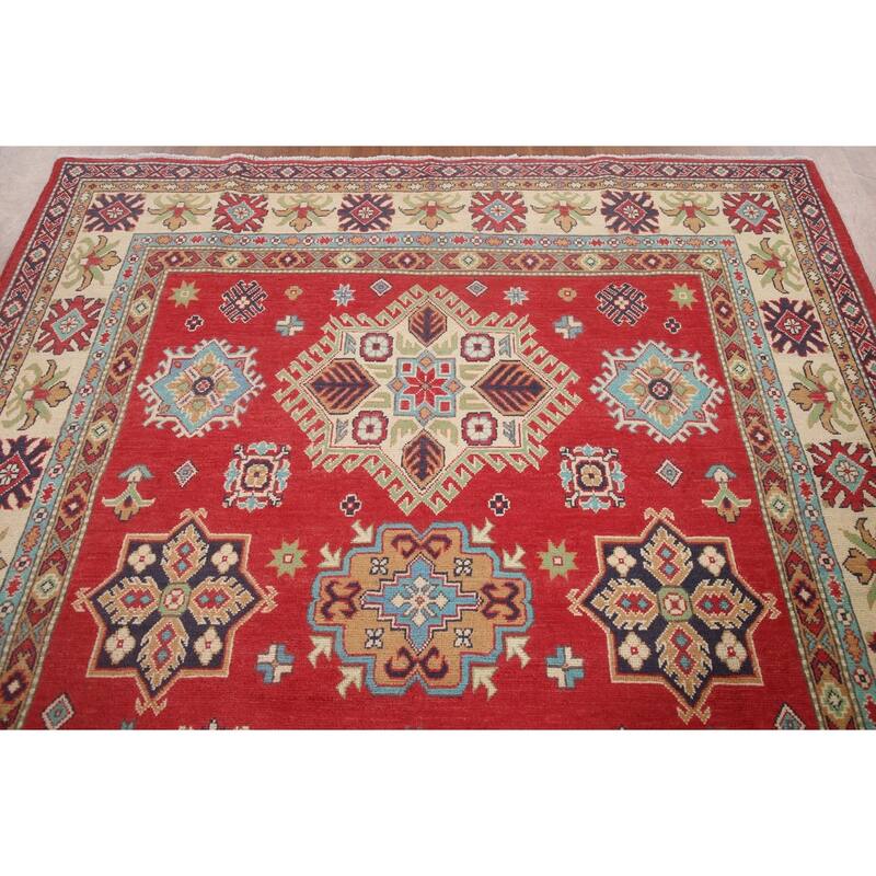 Hand Knotted Oriental 100% Wool Carpet Traditional Geometric Red Kazak Area Rug - 9' 11'' X 6' 6''