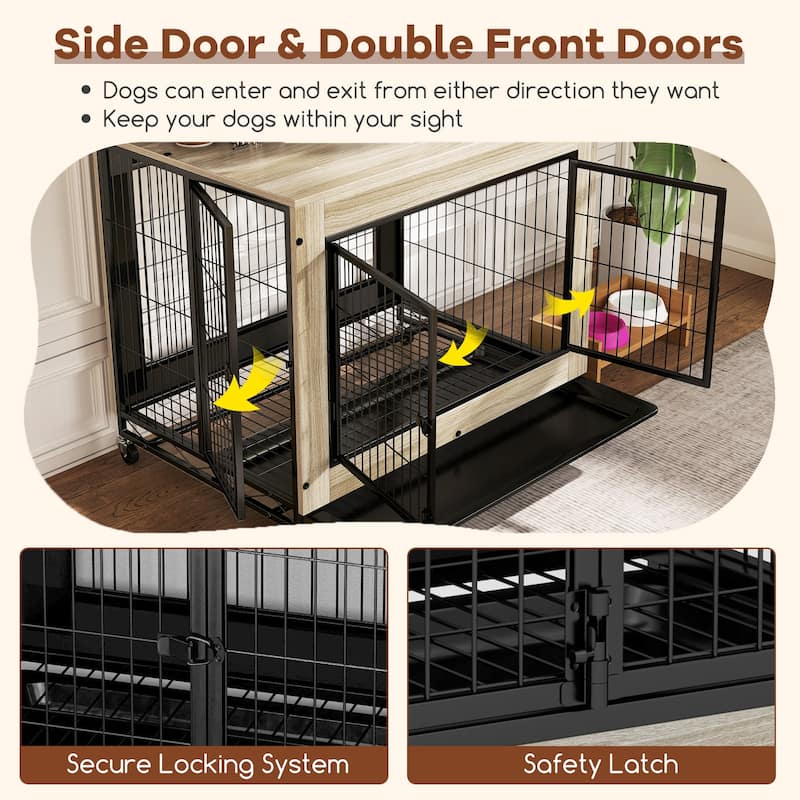 Wooden Dog Crate/Kennel with Flip-Top, Tray and 3 Lockable Doors and Wheels - 38" x 25" x 30.5" (L x W x H)