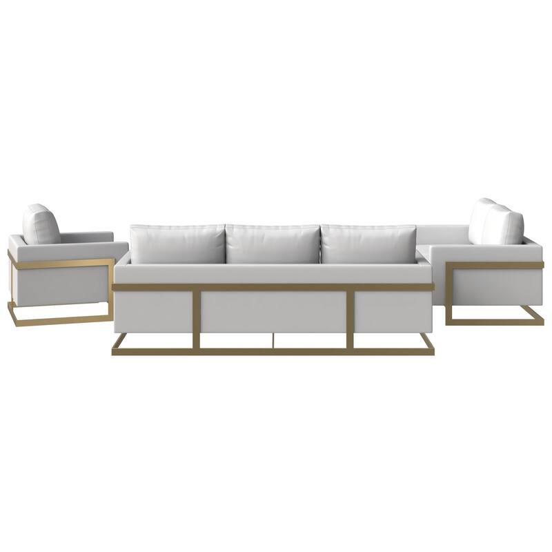 3-Piece Leather Sofa Set with Gold Stainless Steel Base and Removable Cushions