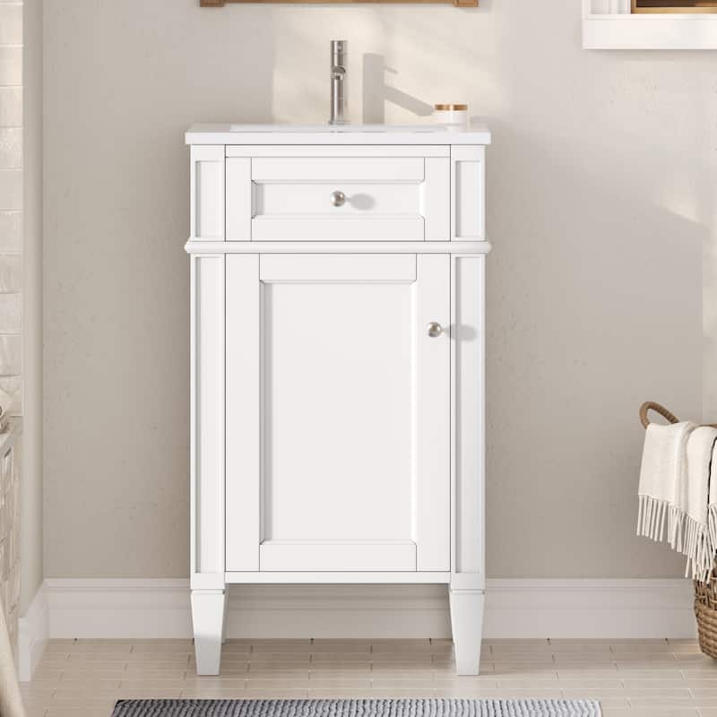 18" Freestanding Single Bathroom Vanity with Ceramic Sink, French Style Cabinet with Soft Close Door - White