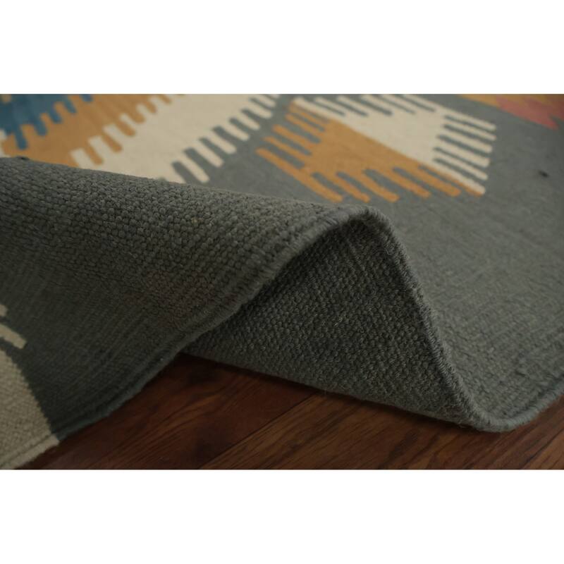 Hand Woven Oriental 100% Wool Carpet Southwestern Tribal Greys & Charcoal Kilim Area Rug - 6' 10'' X 4' 8''