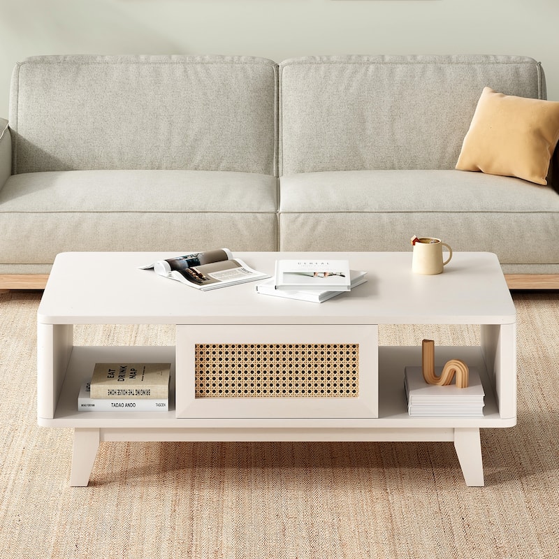Mid Century Coffee Table with Storage, Modern Square with Rattan Drawer, Wooden Living Room Table with Solid Wood Leg - White