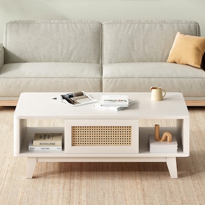 Mid Century Coffee Table with Storage, Modern Square with Rattan Drawer, Wooden Living Room Table with Solid Wood Leg
