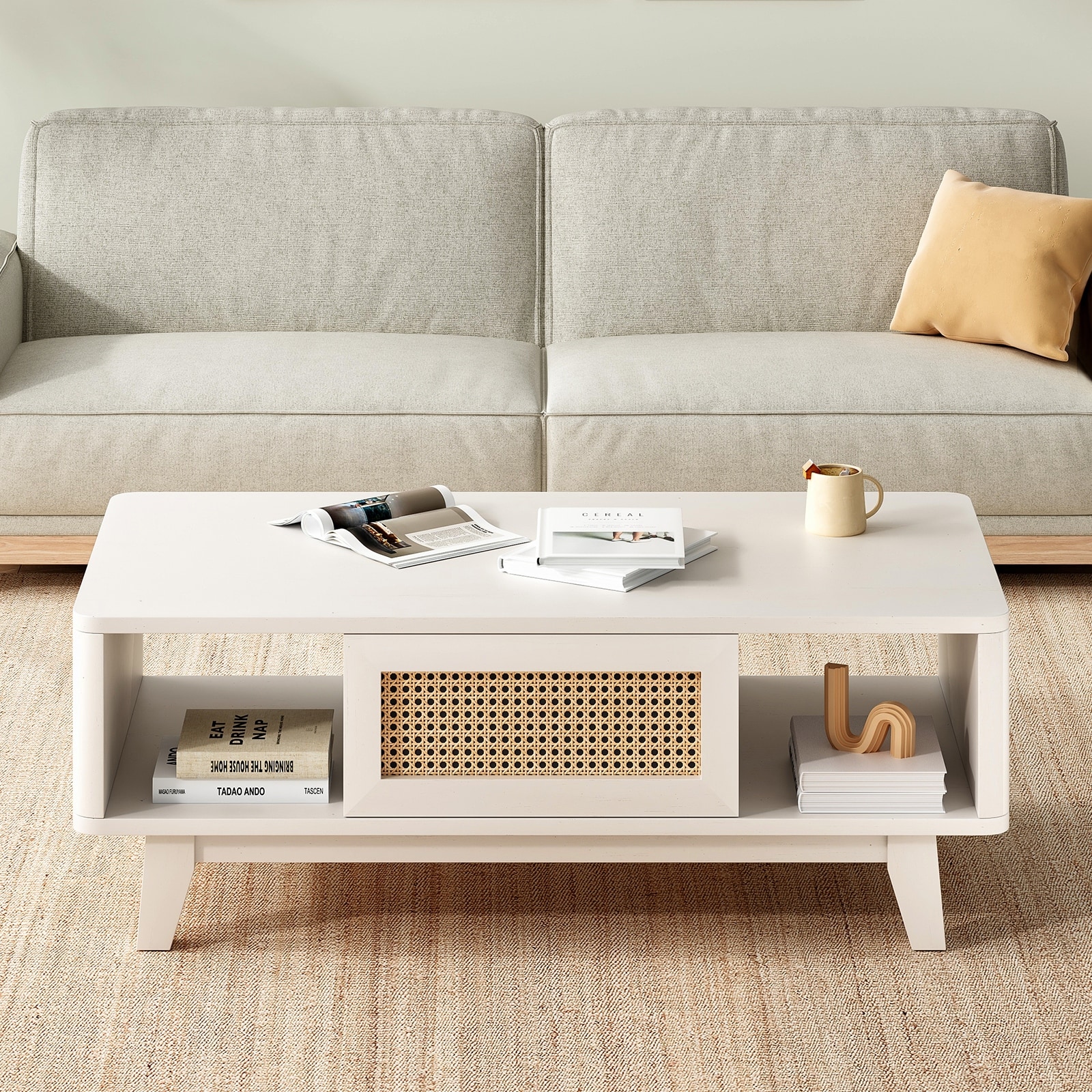 Mid Century Coffee Table with Storage, Modern Square with Rattan Drawer, Wooden Living Room Table with Solid Wood Leg