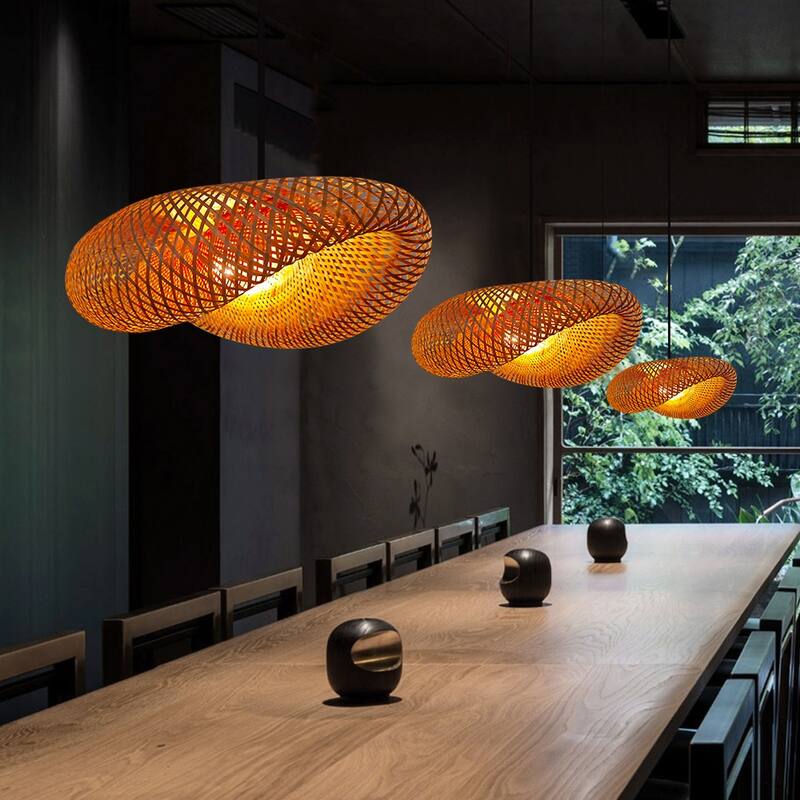 Adjustable Handmade Woven Bamboo Contemporary Farmhouse Rustic Celling Hanging Pendent Lamp Rattan Chandelier for Living Room