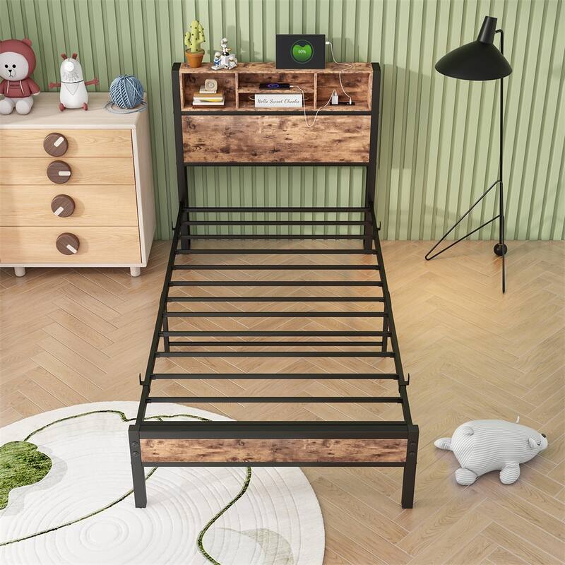 Twin Size Bed Frame with Storage Headboard,Platform Bed with Charging