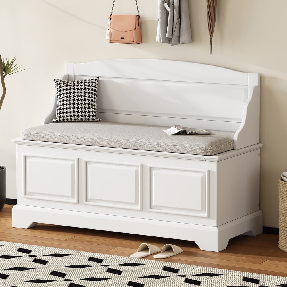 Storage Bench with Backrest, Entryway Benches with Cushion & Hidden Storage, Mudroom Bench with Soft-Close Hinged Lid