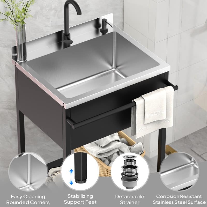25.7 In. Freestanding Stainless Steel Utility Sink With Towel Rack And Storage Shelf