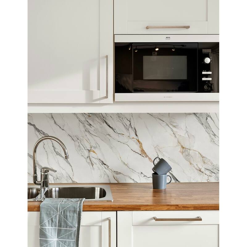 Harry & Grace Borghini Faux Calacatta Marble Peel and Stick Natural Wall Backdrop Panel - 20.5 in. W x 9 ft. L