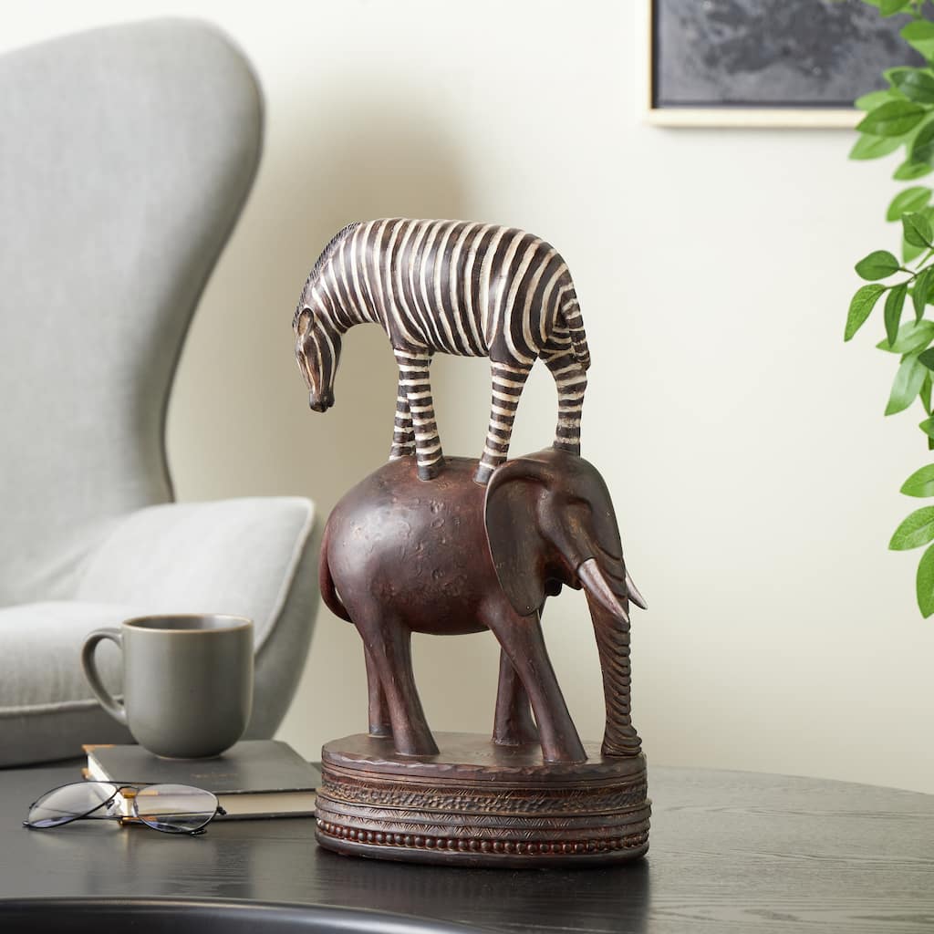 Multi Colored Polystone Stacked Safari Animals Decorative Sculpture with Round Base