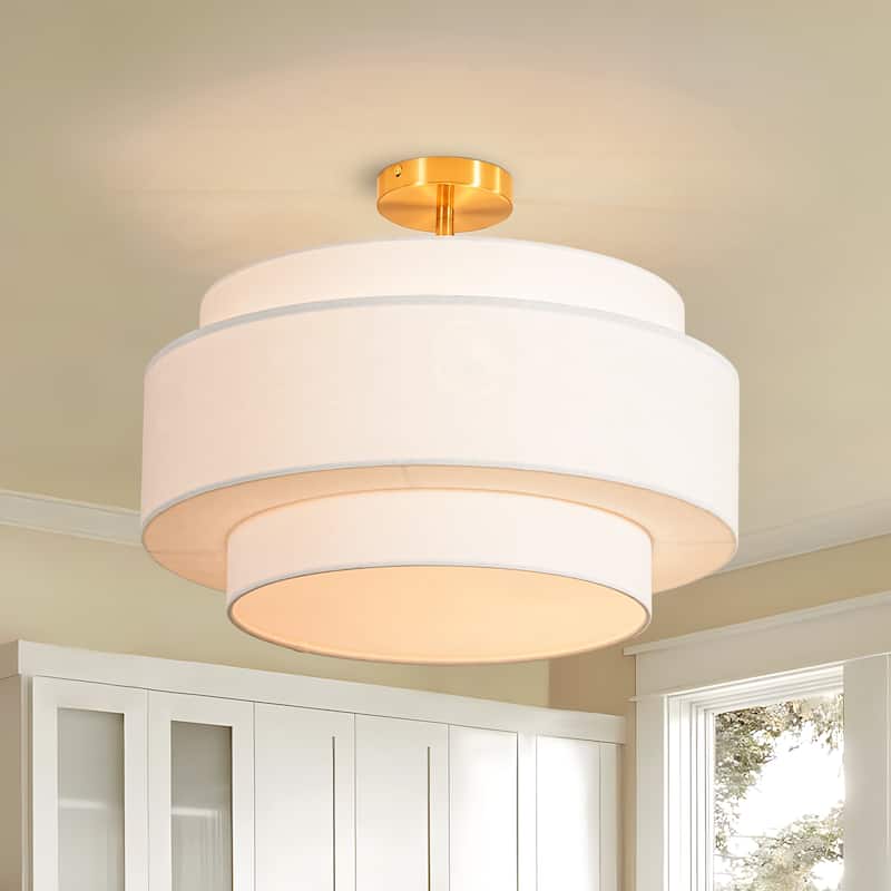 5-Light Modern Minimalist Neutral Fabric & Metal Drum Flush Mount Ceiling Light for Living Room - 5 Light