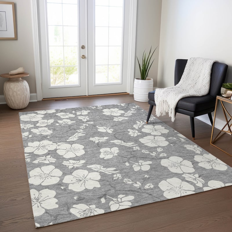 Machine Washable Indoor/ Outdoor Calm Floral Chantille Rug - Gray - 9' x 12'