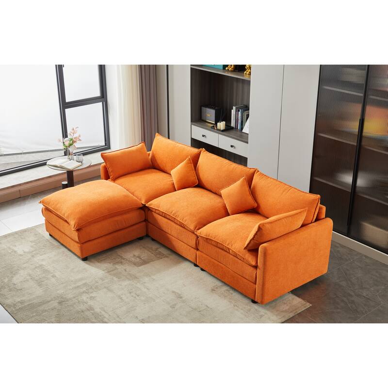 Minimalist Chenille Modular Sectional Sofa, 3-Seater L-Shaped Couch with Movable Ottoman, Upholstered Sofa for Living Room