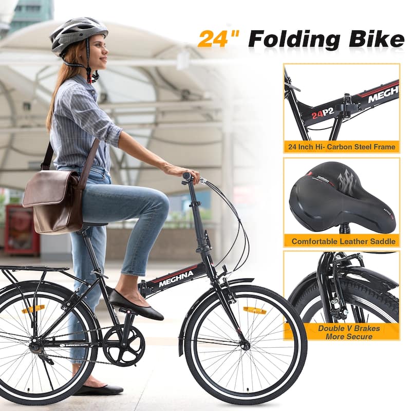 24 Inch Folding Bike for Adults with Fenders,Steel Frame Single Speed City Commuter,Dual V-Brake Portable Compact Bicycle