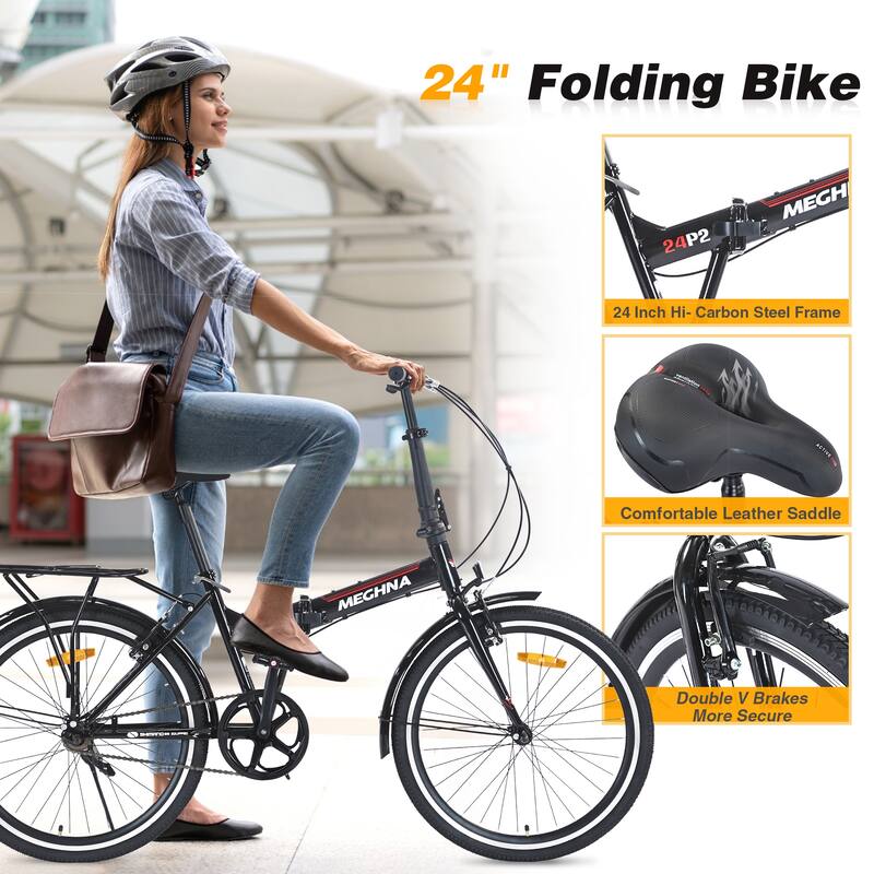 24 Inch Folding Bike with Fenders, Single Speed City Commuter Bicycle with Dual V-Brake, Steel Frame Portable Compact Bicycle