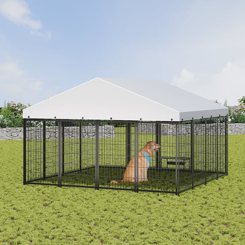 GDF Studio - Rockwell Extra Large Outdoor Dog Kennel with Roof Cover & Feeding System - Black