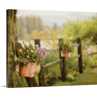 Shop Rustic Wooden Fence With Flowers In Clay Pots Hanging On