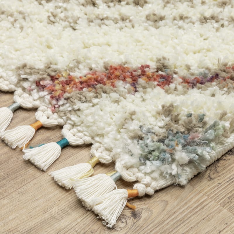 Style Haven Aire Southwest Diamond Ivory/ Multi Shag Tassel Fringe Area Rug.