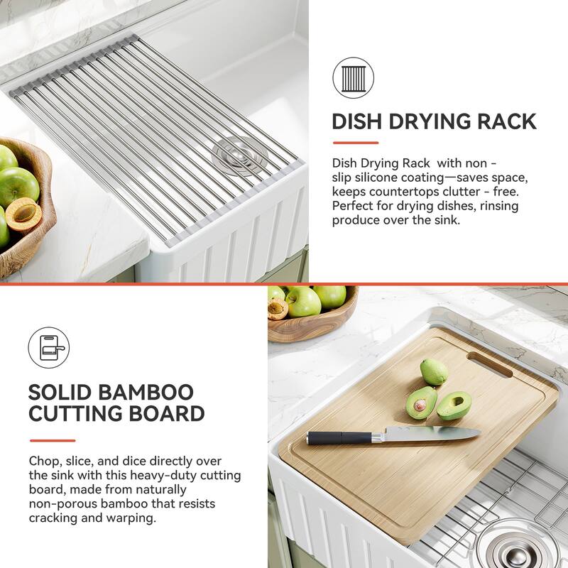 HOROW 33in. Farmhouse/Apron-Front Single Bowl White Fireclay Workstation Kitchen Sink w/Cutting Board,Bottom Grid and Strainer