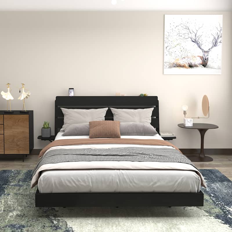 Wood Queen Size Floating Bed Frame with Led Lights, Foldable Side Tabletop and Storage Headboard Built-in Charging Station