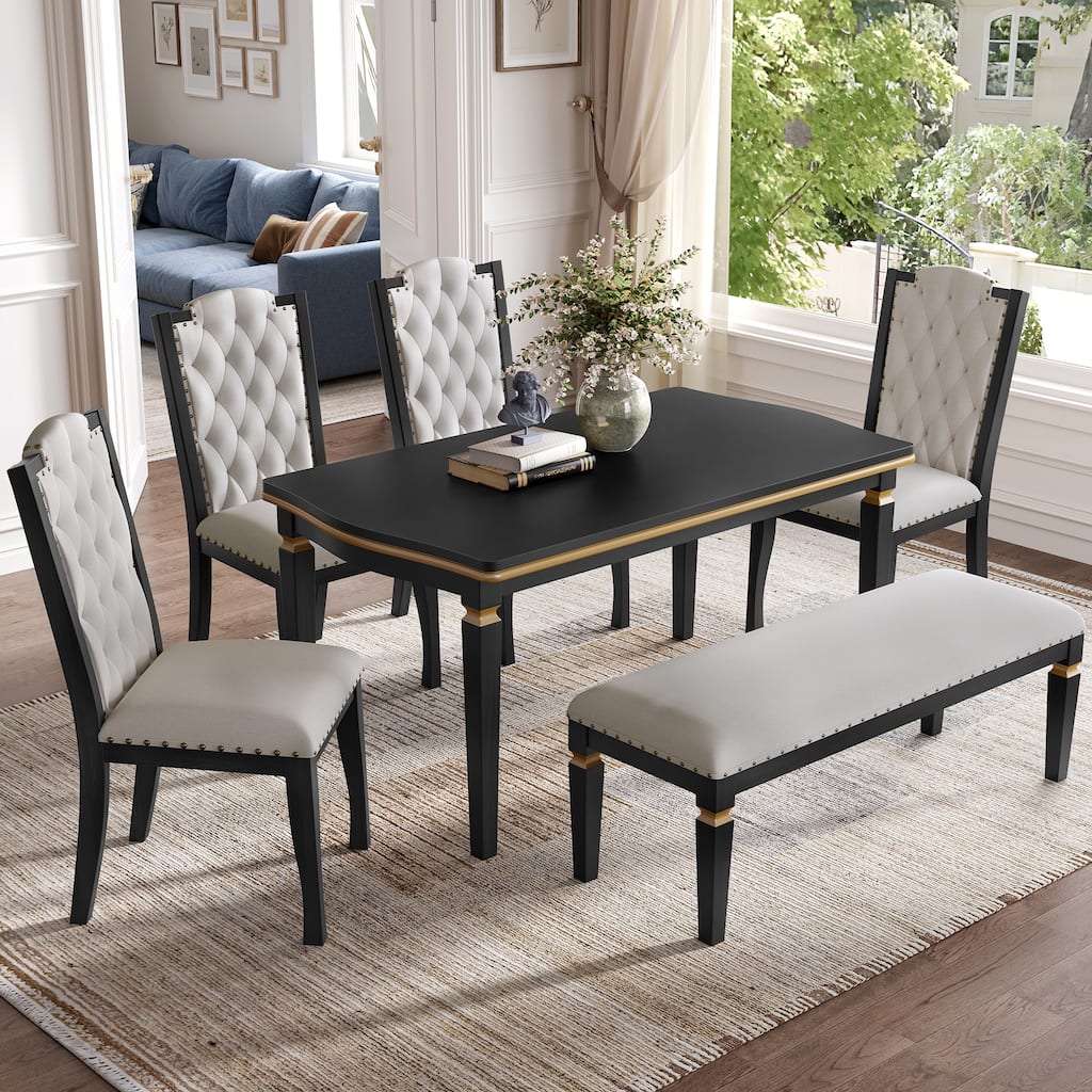 6 Piece Dining Table Set, 60" Solid Wood Rectangular Table with 4 High-Back Tufted Chairs and 1 Bench for Kitchen