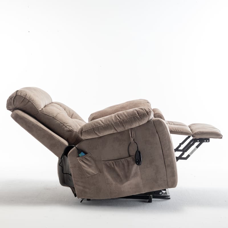 Brown Power Lift Recliner with Massage, Lumbar Heating, Silent German Motor, Luxurious Goose Down Fabric, and Cup Holders