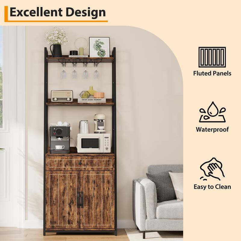 3 Tiers Bakers Racks for Kitchens, Wood+Metal Freestanding Bakers Rack with Cabinet