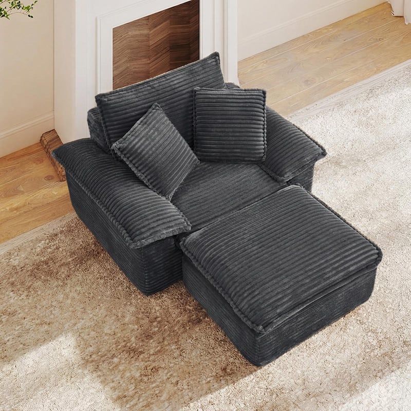 Rossetta Modern Modular Luxurious Corduroy-Fleece Fabric Double-Layer Cushion Design Deep Seat Sofa with 1 Ottoman - Grey