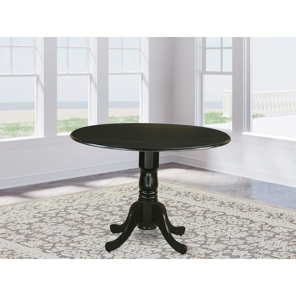 slide 2 of 4, East West Furniture Dublin Kitchen Dining Table - a Round Wooden Table Top with Dropleaf & Pedestal Base, (Finish Options) DLT-BLK-TP