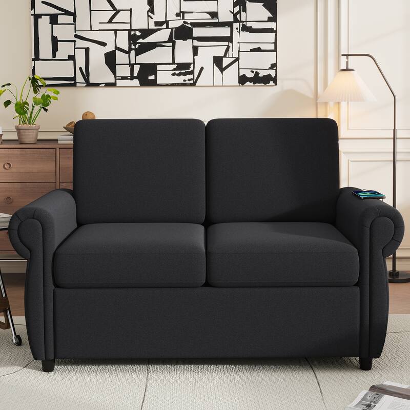 Roomfitters 57.9" Pull-Out Sleeper Sofa Loveseat with Twin Size Memory Foam Mattress, Two USB Charging Ports