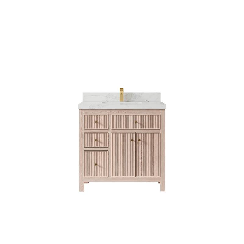Willow Collections 36 x 22 Sonoma Oak Wood Center Sink Right Bathroom Vanity with Quartz or Marble Countertop - 2"Calacatta Nuvo - White Oak
