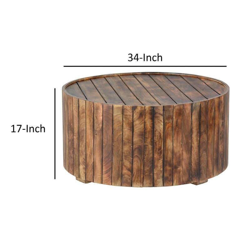 34 Inch Handmade Wooden Round Coffee Table with Plank Design, Burned Brown - 16.5 H x 34 W x 34 L Inches