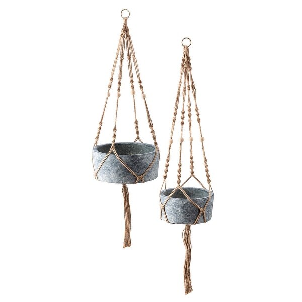 Set of 2 Rustic Gray and Brown Handwoven Macrame Hanging Planters 9.75" - N/A