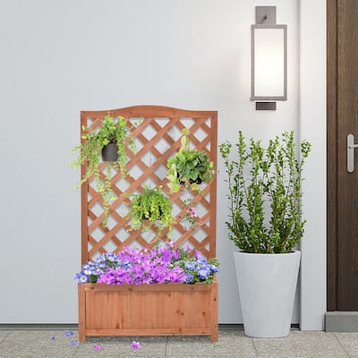 Wooden Raised Garden Bed Large Decorative Flower Racks Deep Trough Flower Beds with Trellis and Bottom Draining Slits for Patio