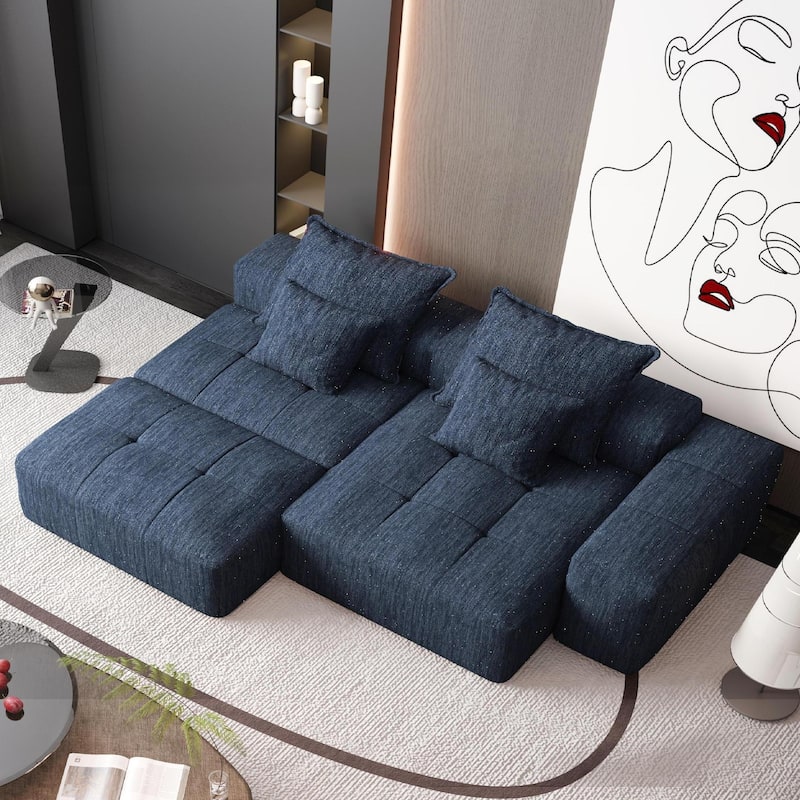Modern Oversized Modular Sectional Sofa in Blue with Sparkling Chenille Fabric and No Assembly