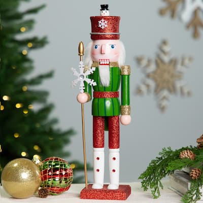 Glittered Nutcracker with Snowflake Scepter Christmas Figure - 15" - Red and Green