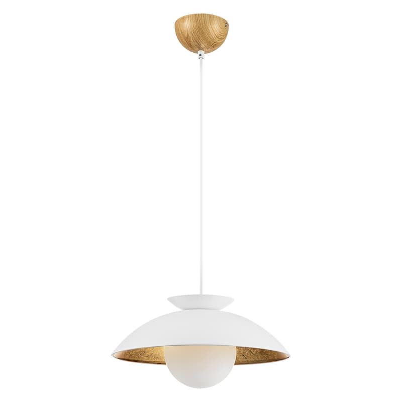 1-Light Modern Farmhouse White/ Black Dome Gold Leaf Wood Pendant with Opal Glass Globe