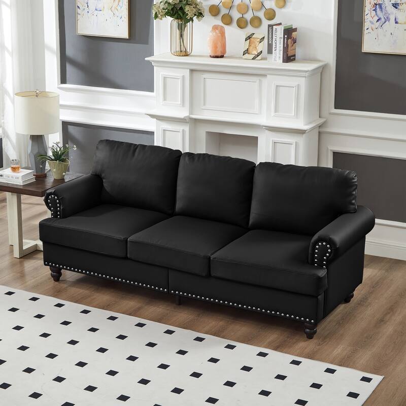 83" Modern Classic Design With Nails Sofa Leather Couch,Upholstered Imitation Cowhide Leather - Black