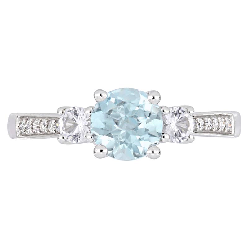 Miadora 10k White Gold Aquamarine Created White Sapphire and Diamond 3-Stone Engagement Ring